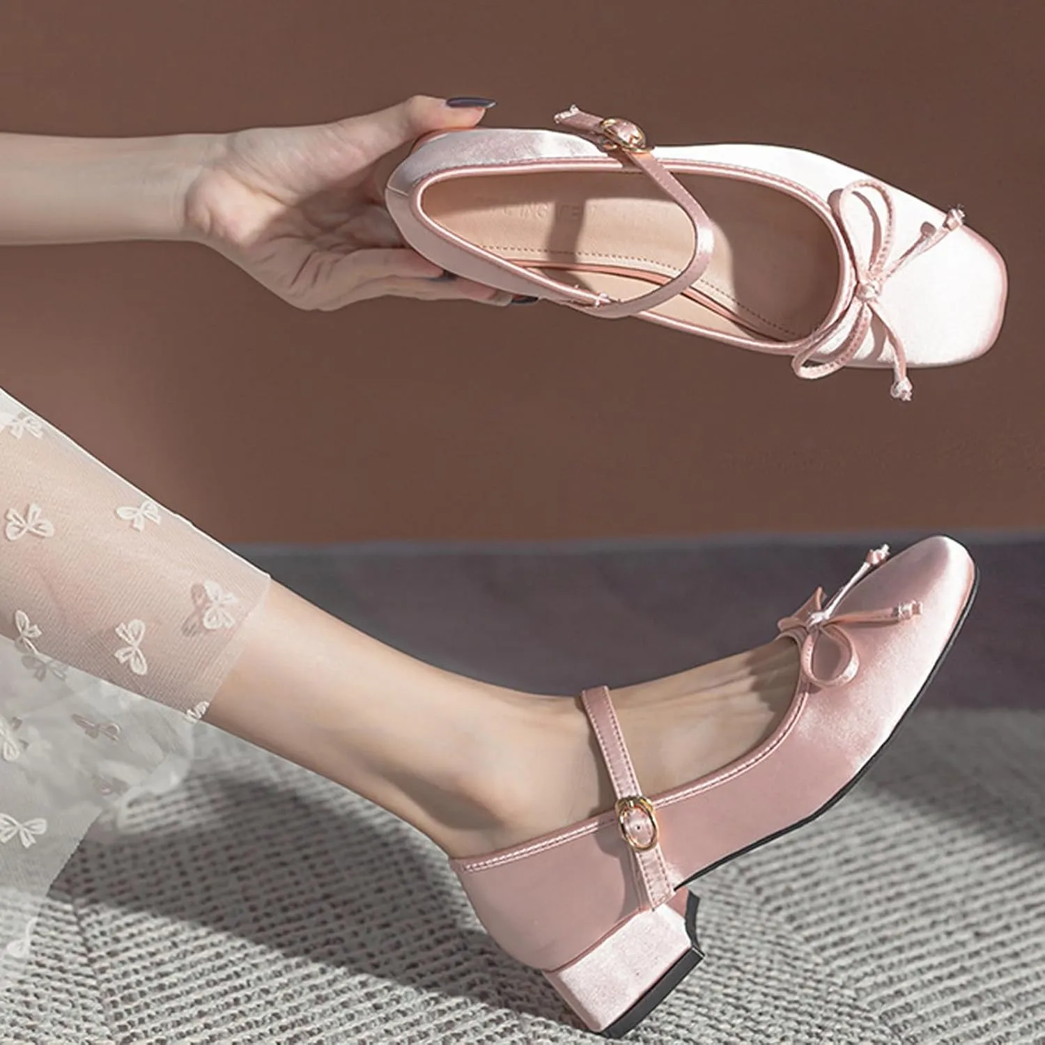 Women Satin Bow Chunky Heel Mary Janes Pumps Fashion Square Toe Adjustable Ankle Strap Mid Block Heel Ballet Shoes Lightweight Breathable Business Office Dress Shoes