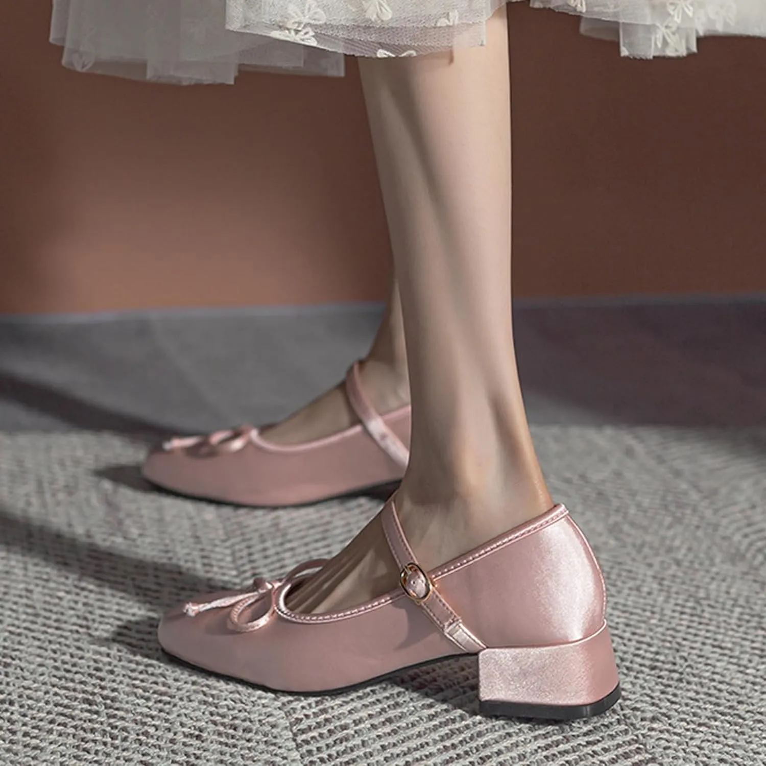 Women Satin Bow Chunky Heel Mary Janes Pumps Fashion Square Toe Adjustable Ankle Strap Mid Block Heel Ballet Shoes Lightweight Breathable Business Office Dress Shoes