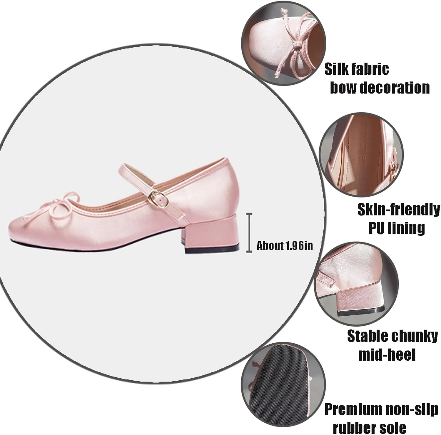 Women Satin Bow Chunky Heel Mary Janes Pumps Fashion Square Toe Adjustable Ankle Strap Mid Block Heel Ballet Shoes Lightweight Breathable Business Office Dress Shoes