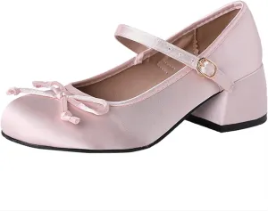 Women Satin Bow Chunky Heel Mary Janes Pumps Fashion Square Toe Adjustable Ankle Strap Mid Block Heel Ballet Shoes Lightweight Breathable Business Office Dress Shoes