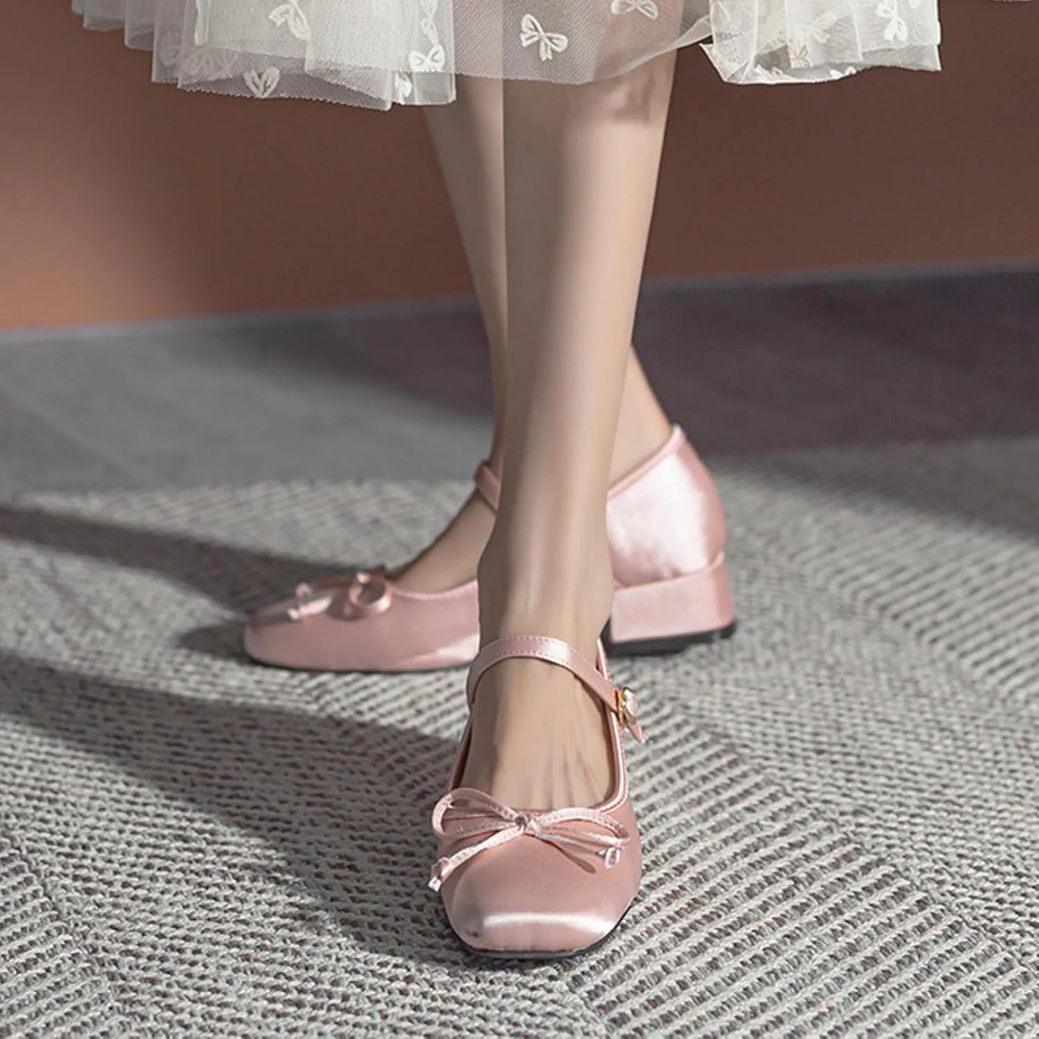 Women Satin Bow Chunky Heel Mary Janes Pumps Fashion Square Toe Adjustable Ankle Strap Mid Block Heel Ballet Shoes Lightweight Breathable Business Office Dress Shoes