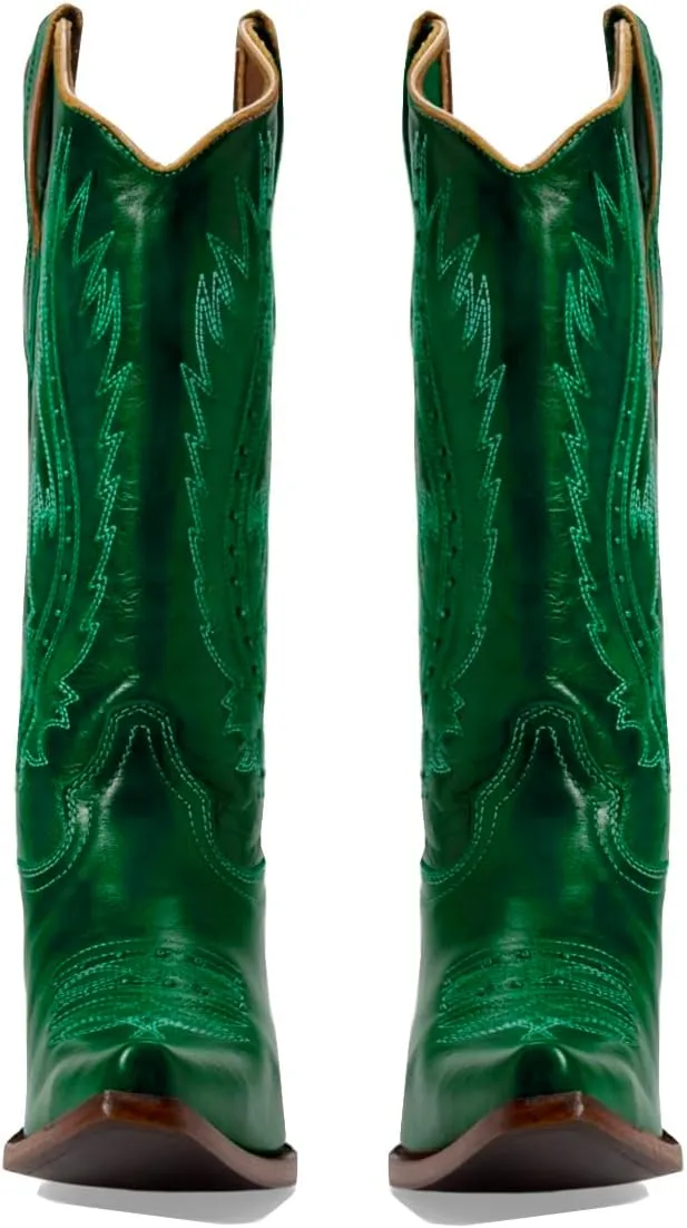 Women Vintage Embroidered Cowboy Boots Knee High Western Boots Chunky Stacked Heel Pointed Square Toe Mid Calf Cowgirl Boots Metallic Matte Pull On V Cut Fall Boot Exotic 4-11 M US