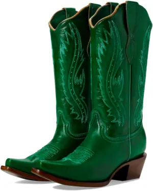 Women Vintage Embroidered Cowboy Boots Knee High Western Boots Chunky Stacked Heel Pointed Square Toe Mid Calf Cowgirl Boots Metallic Matte Pull On V Cut Fall Boot Exotic 4-11 M US