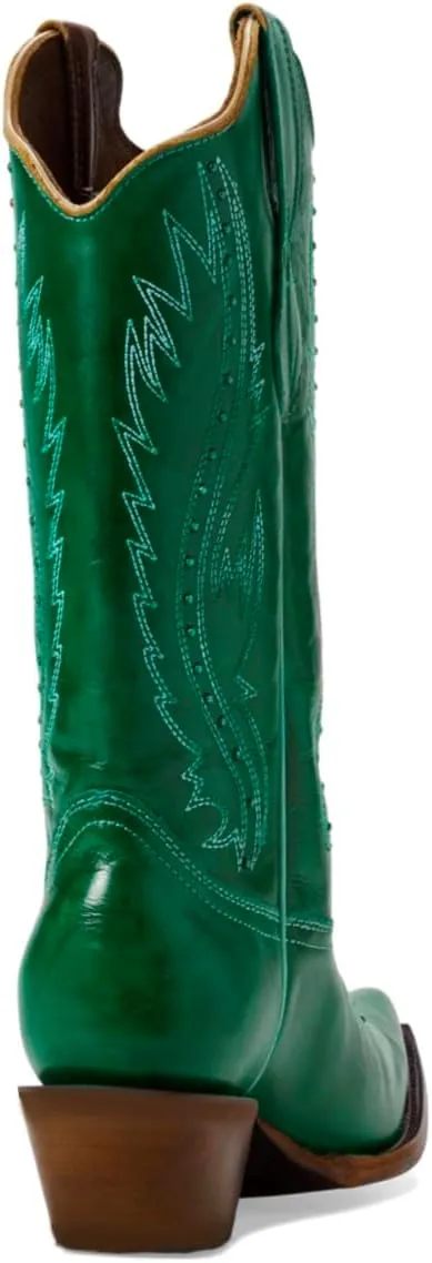 Women Vintage Embroidered Cowboy Boots Knee High Western Boots Chunky Stacked Heel Pointed Square Toe Mid Calf Cowgirl Boots Metallic Matte Pull On V Cut Fall Boot Exotic 4-11 M US