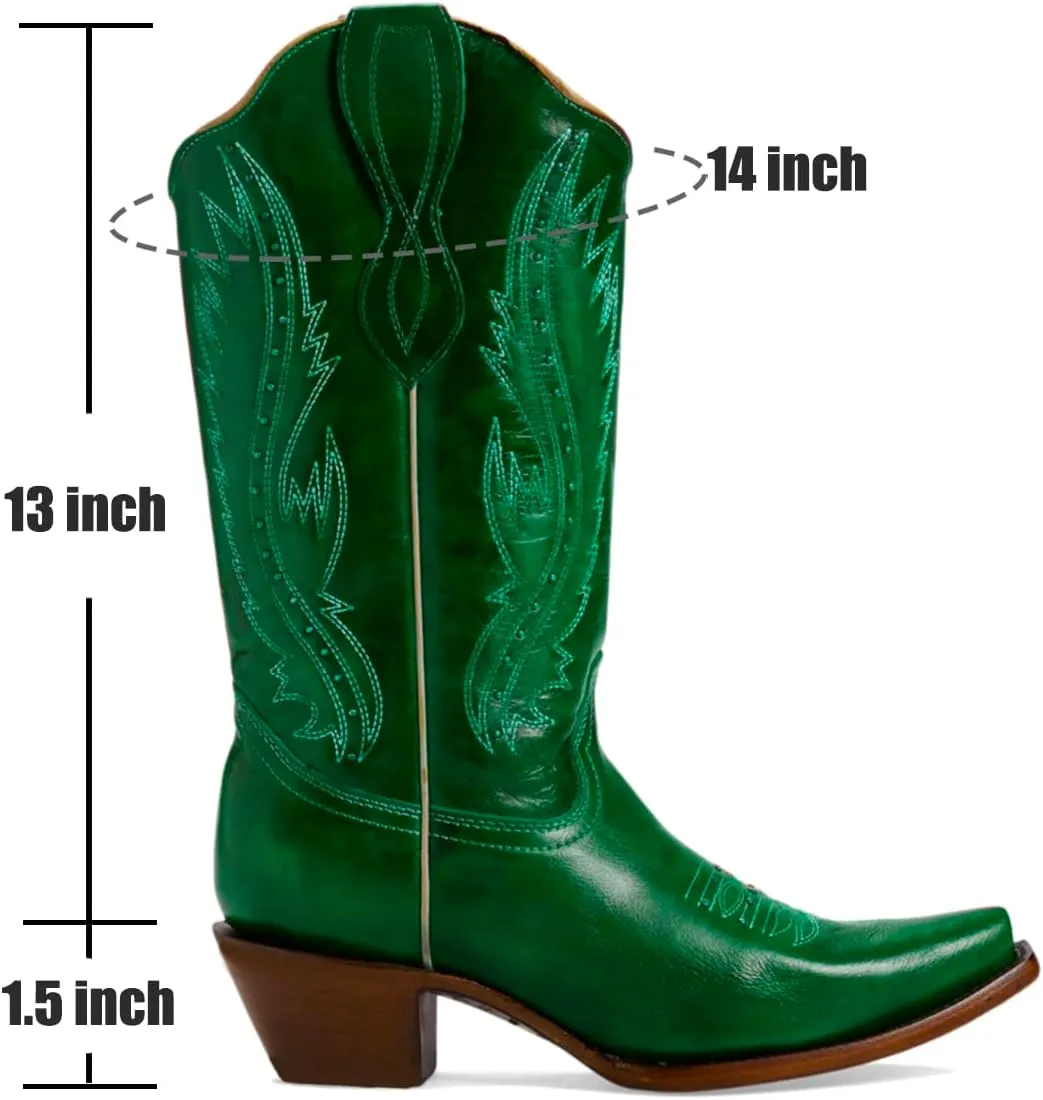 Women Vintage Embroidered Cowboy Boots Knee High Western Boots Chunky Stacked Heel Pointed Square Toe Mid Calf Cowgirl Boots Metallic Matte Pull On V Cut Fall Boot Exotic 4-11 M US