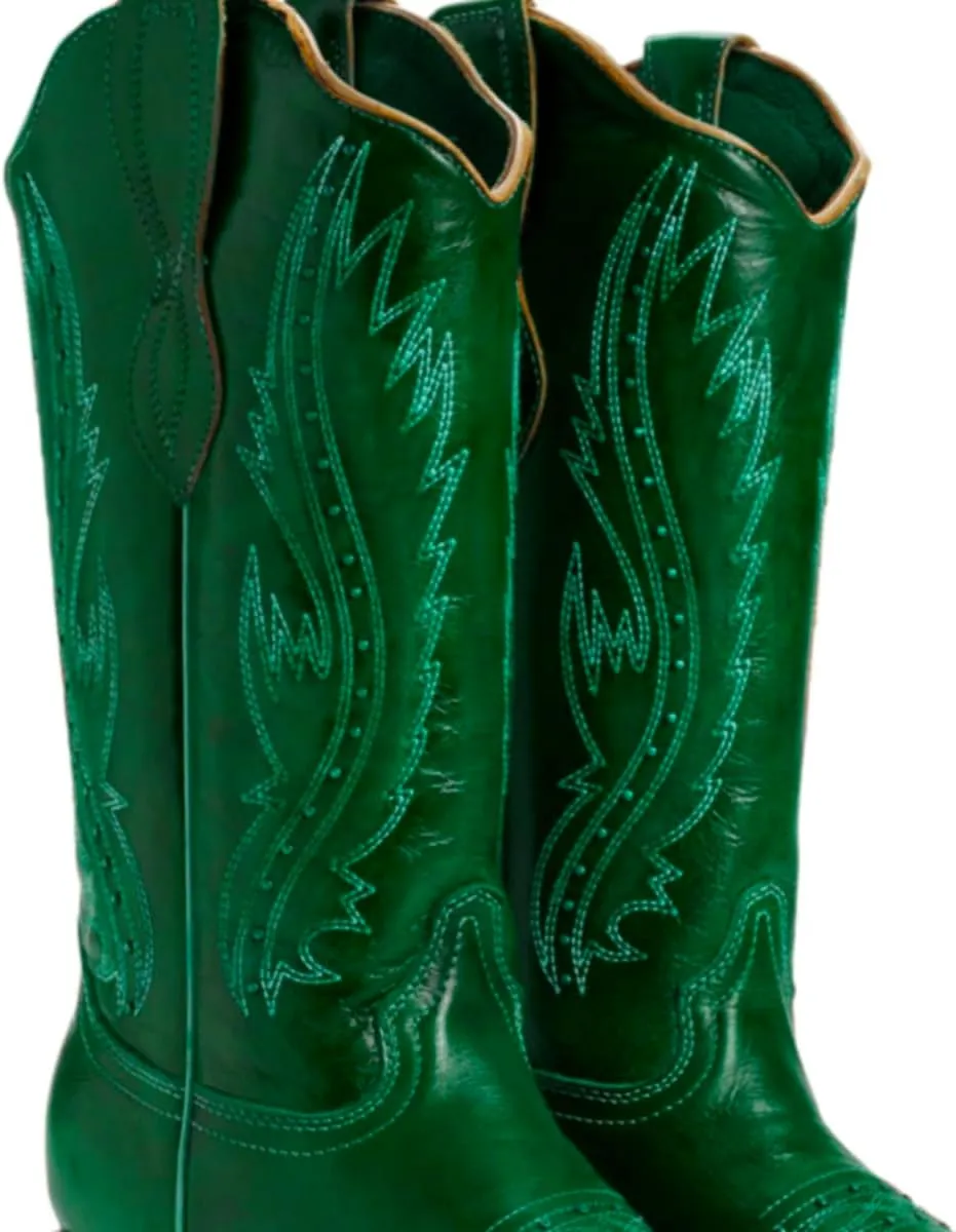 Women Vintage Embroidered Cowboy Boots Knee High Western Boots Chunky Stacked Heel Pointed Square Toe Mid Calf Cowgirl Boots Metallic Matte Pull On V Cut Fall Boot Exotic 4-11 M US