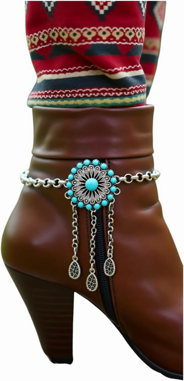 Women Fashion 2 Boot Bracelets Silver Metal Chain Heel Shoe Turquoise Blue Flower Charm Anklet PAIR