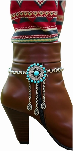 Women Fashion 2 Boot Bracelets Silver Metal Chain Heel Shoe Turquoise Blue Flower Charm Anklet PAIR