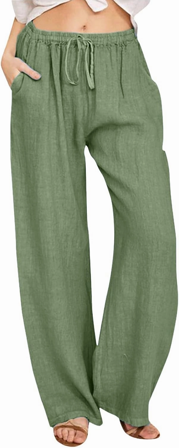 Women Linen Blend Summer Comfy Palazzo Lounge Pants Elastic Waisted Baggy Stretchy Loose Fit Pant Trousers