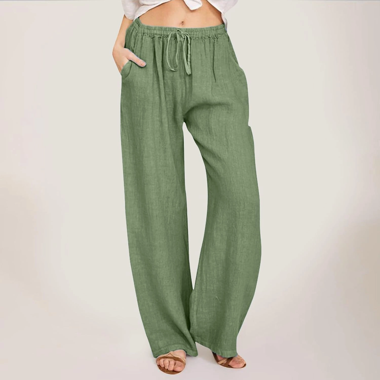 Women Linen Blend Summer Comfy Palazzo Lounge Pants Elastic Waisted Baggy Stretchy Loose Fit Pant Trousers