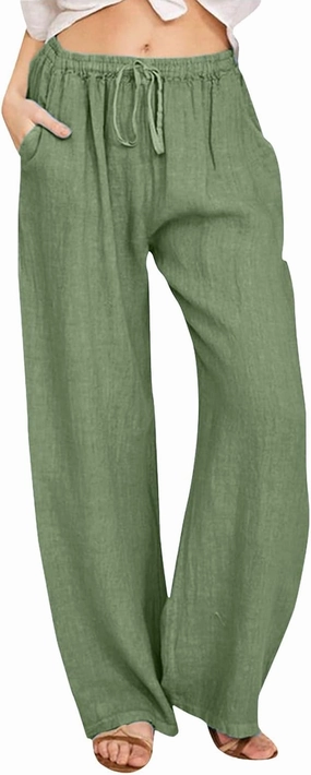 Women Linen Blend Summer Comfy Palazzo Lounge Pants Elastic Waisted Baggy Stretchy Loose Fit Pant Trousers