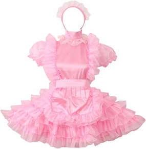 Women Lockable French Maid Pink Satin Organza Dress Uniform Crossdress