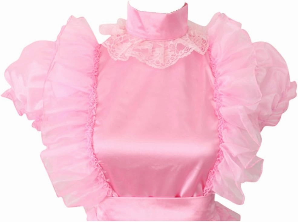 Women Lockable French Maid Pink Satin Organza Dress Uniform Crossdress