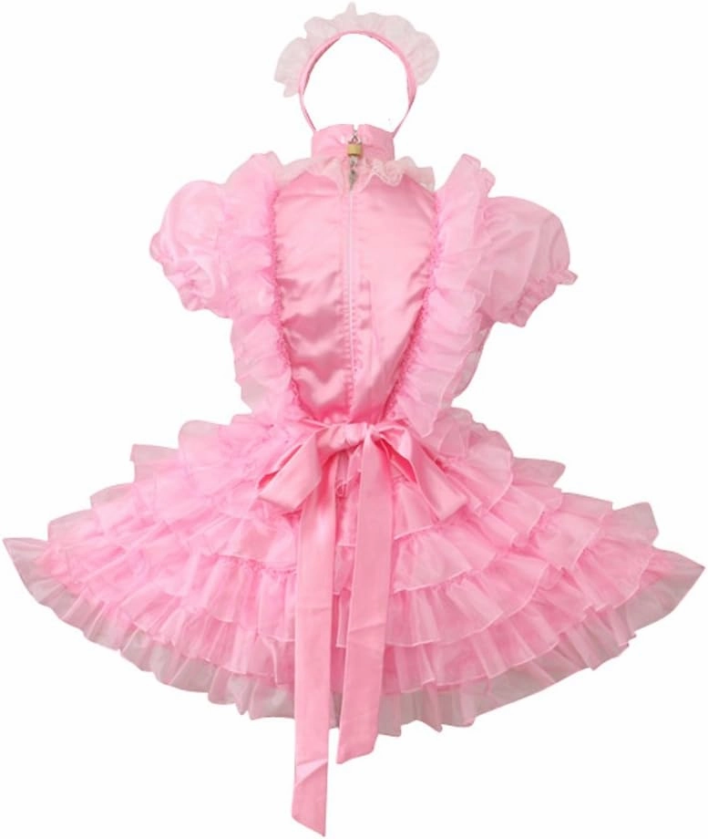 Women Lockable French Maid Pink Satin Organza Dress Uniform Crossdress