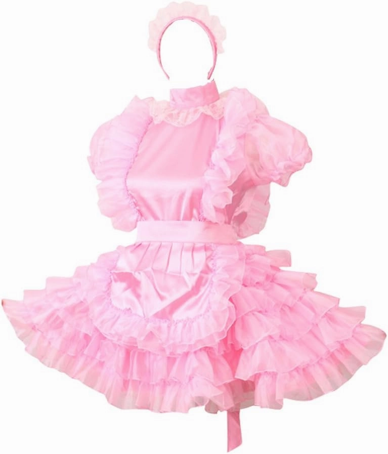 Women Lockable French Maid Pink Satin Organza Dress Uniform Crossdress