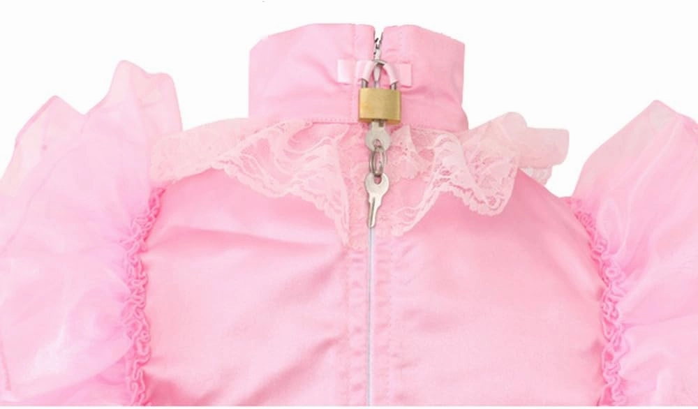 Women Lockable French Maid Pink Satin Organza Dress Uniform Crossdress