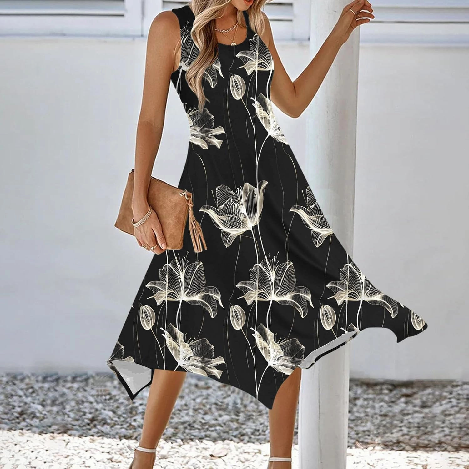 Women's Casual Dresses 2025 Summer Sleeveless Midi Sundress Flowy Ruffle Hem Swing Long Dress Beach Vacation