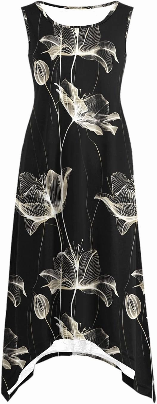 Women's Casual Dresses 2025 Summer Sleeveless Midi Sundress Flowy Ruffle Hem Swing Long Dress Beach Vacation