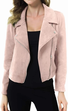 Women's Genuine Sheepskin Suede Leather Jacket Biker Zip Up Handmade Coat Pink Colour WSK004