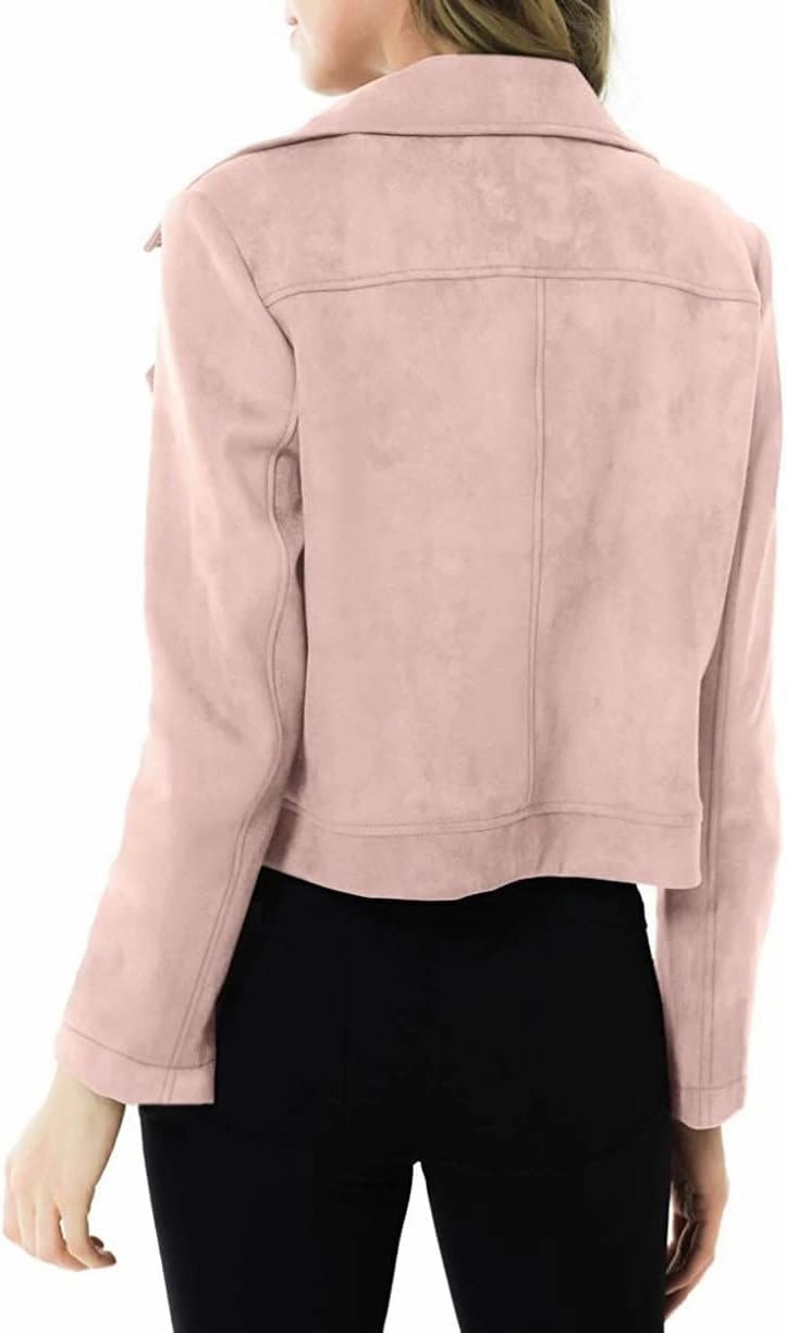 Women's Genuine Sheepskin Suede Leather Jacket Biker Zip Up Handmade Coat Pink Colour WSK004