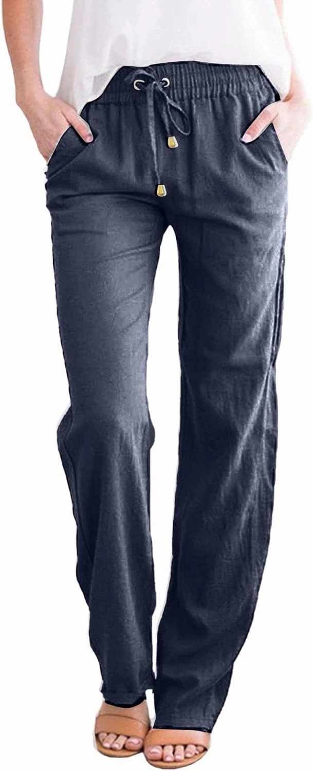 Women's Linen Blend Summer Casual Palazzo Lounge Pants High Waist Wide Leg Loose Fit Palazzo Pants Business Work