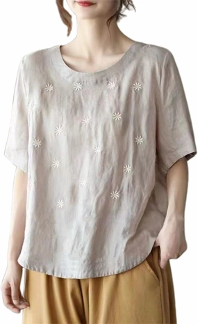 Women's Linen Shirts 2025 Summer Batwing Half Sleeve Linen Shirts Plus Size Crewneck Blouse Solid Color Basic Top