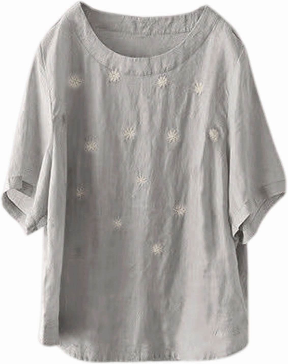 Women's Linen Shirts 2025 Summer Batwing Half Sleeve Linen Shirts Plus Size Crewneck Blouse Solid Color Basic Top