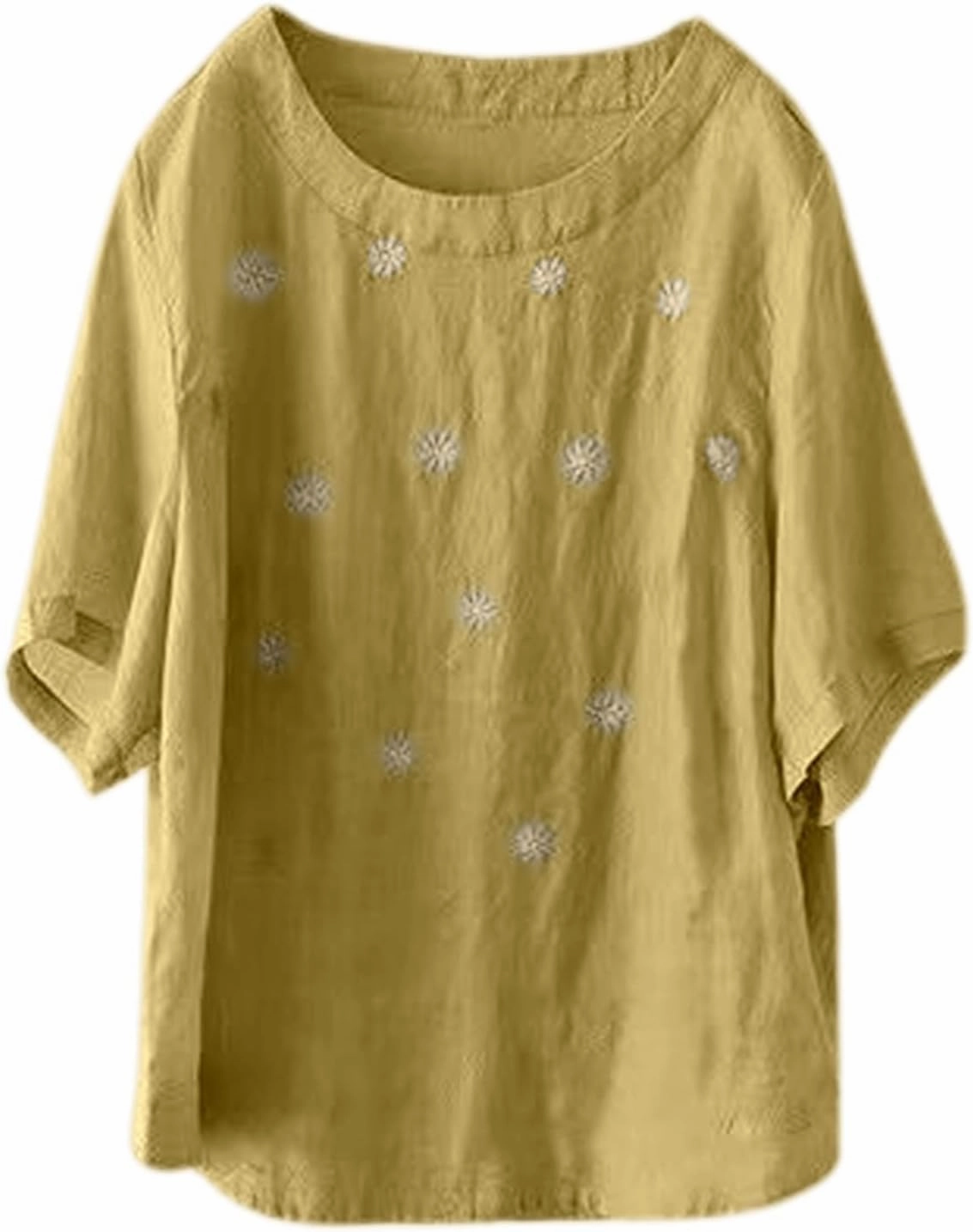 Women's Linen Shirts 2025 Summer Batwing Half Sleeve Linen Shirts Plus Size Crewneck Blouse Solid Color Basic Top