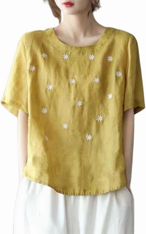 Women's Linen Shirts 2025 Summer Batwing Half Sleeve Linen Shirts Plus Size Crewneck Blouse Solid Color Basic Top