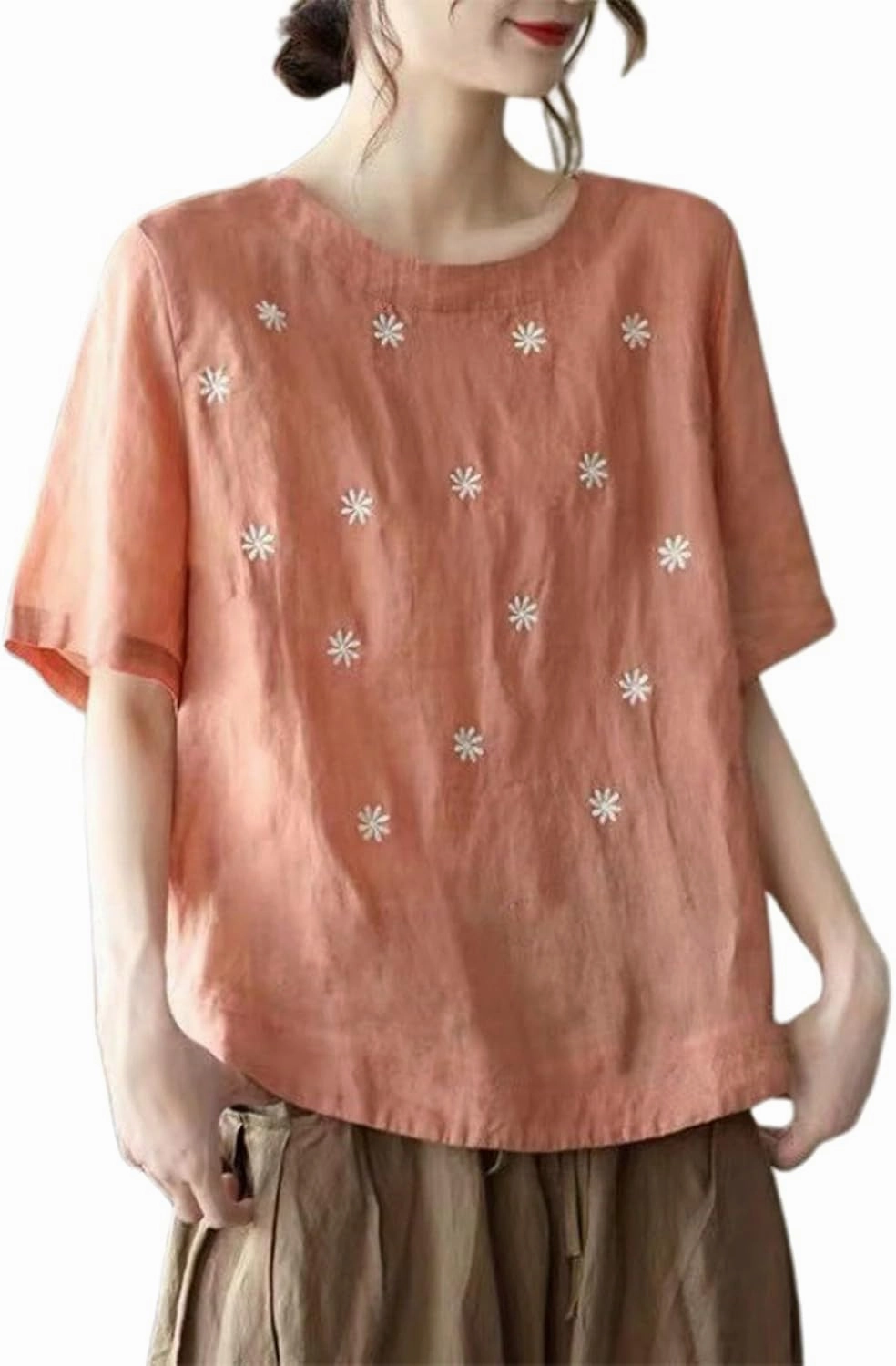 Women's Linen Shirts 2025 Summer Batwing Half Sleeve Linen Shirts Plus Size Crewneck Blouse Solid Color Basic Top