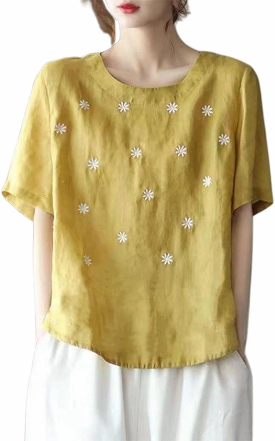 Women's Linen Shirts 2025 Summer Batwing Half Sleeve Linen Shirts Plus Size Crewneck Blouse Solid Color Basic Top