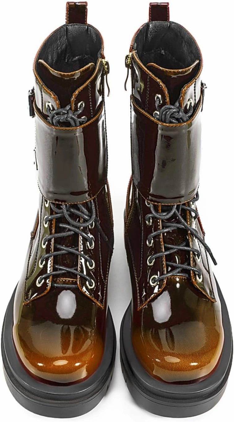 Women's Metallic Mid Calf Boots Platform Chunky Heel Silver Combat Boots Lace up Metal Buckle Zipper