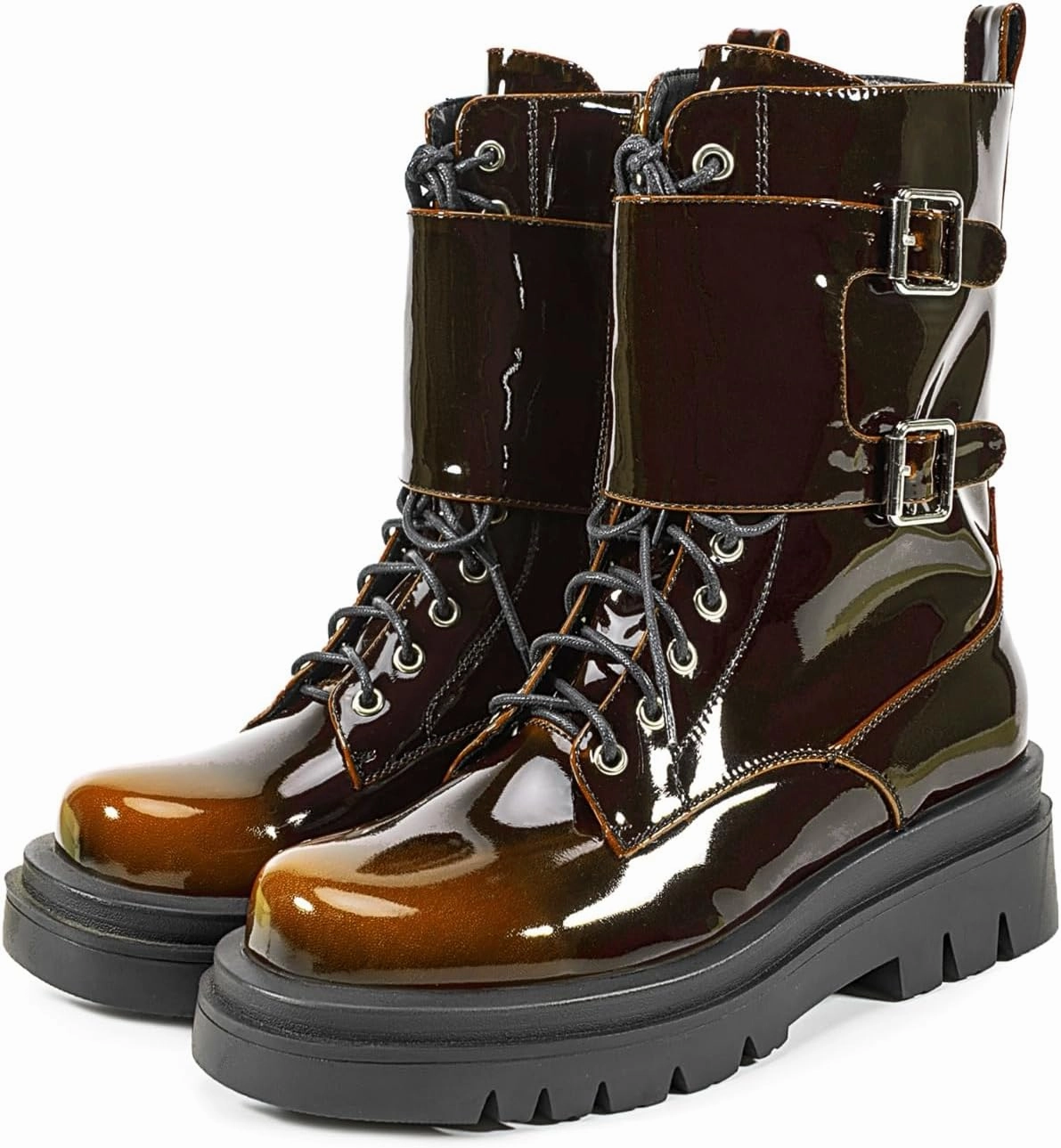 Women's Metallic Mid Calf Boots Platform Chunky Heel Silver Combat Boots Lace up Metal Buckle Zipper