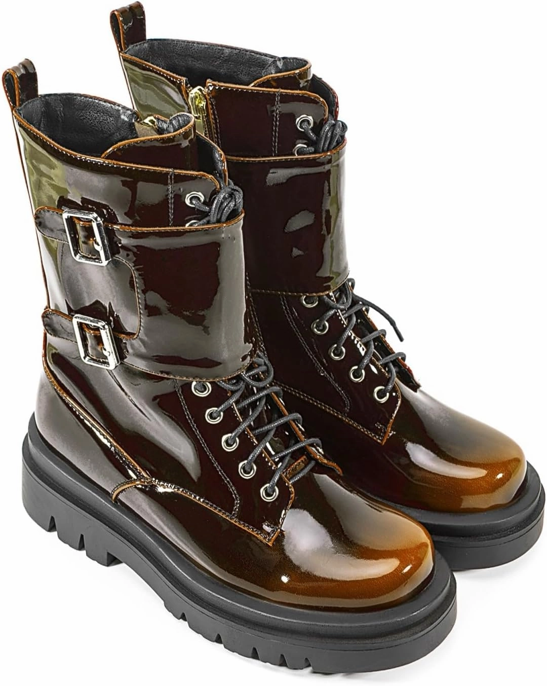 Women's Metallic Mid Calf Boots Platform Chunky Heel Silver Combat Boots Lace up Metal Buckle Zipper