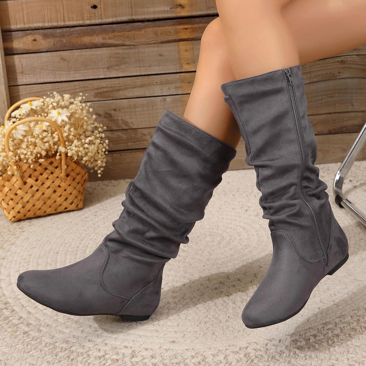 Women's Mid Calf Short Boots Round Toe Wedge Boots Suede Dress Shoes with Zipper Vintage Classic Zipper Boots