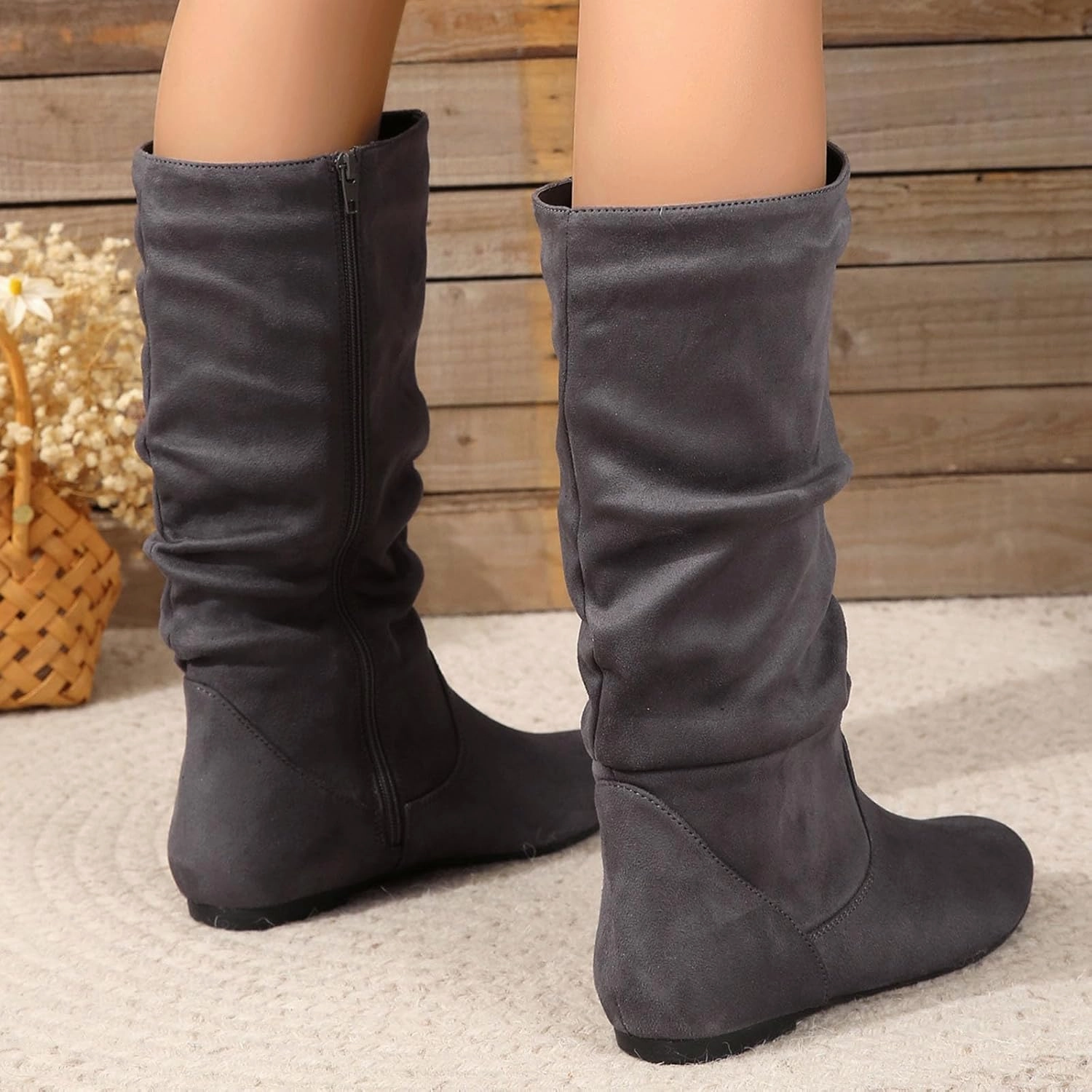 Women's Mid Calf Short Boots Round Toe Wedge Boots Suede Dress Shoes with Zipper Vintage Classic Zipper Boots