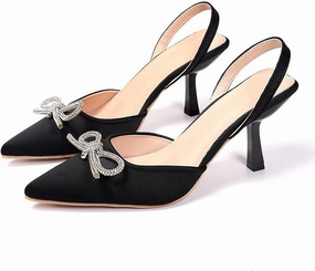 Women'S Satin Rhinstone Bow Kitten Heel Pumps,Comfort Closed Pointed Toe Ankle Strap Slingback Formal Sandals,For Wedding Evening Prom Heels