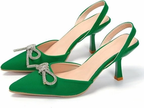 Women'S Satin Rhinstone Bow Kitten Heel Pumps,Comfort Closed Pointed Toe Ankle Strap Slingback Formal Sandals,For Wedding Evening Prom Heels