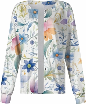 Women'S Scrub Jacket Tops Long Sleeve Floral Printed Stand-Up Collar Button Front Working Nurse Uniforms With Pockets