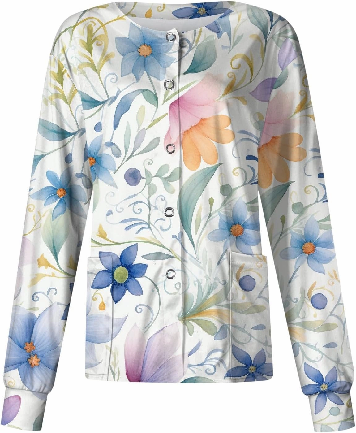 Women'S Scrub Jacket Tops Long Sleeve Floral Printed Stand-Up Collar Button Front Working Nurse Uniforms With Pockets
