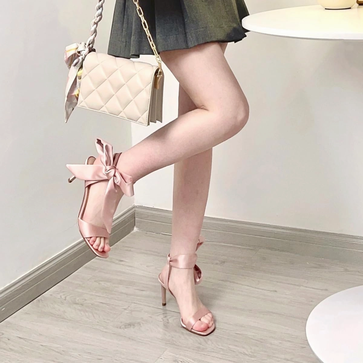 Women's Stiletto Sandals Pink Satin Bow Tie Square Toe Open Toe Sandals.