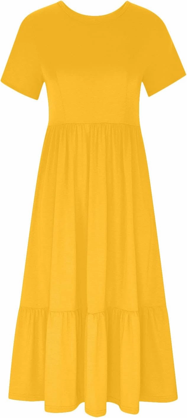 Women's Summer Casual Short Sleeve Crewneck Long Dress Solid Flowy Tiered Maxi Beach Dress with Pockets