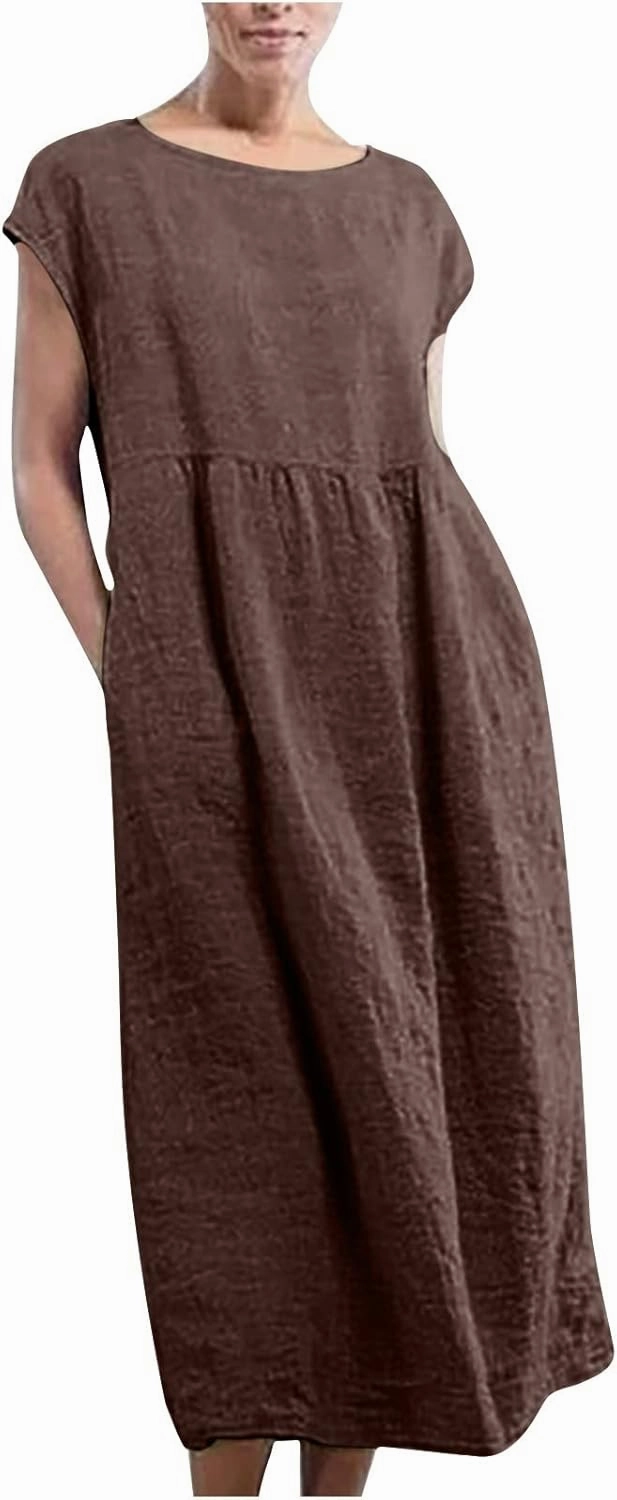 Women's Summer Cotton Linen Shirt Dress Short Sleeve Flowy Long Maxi Dresses Plus Size Vocation Party Dress