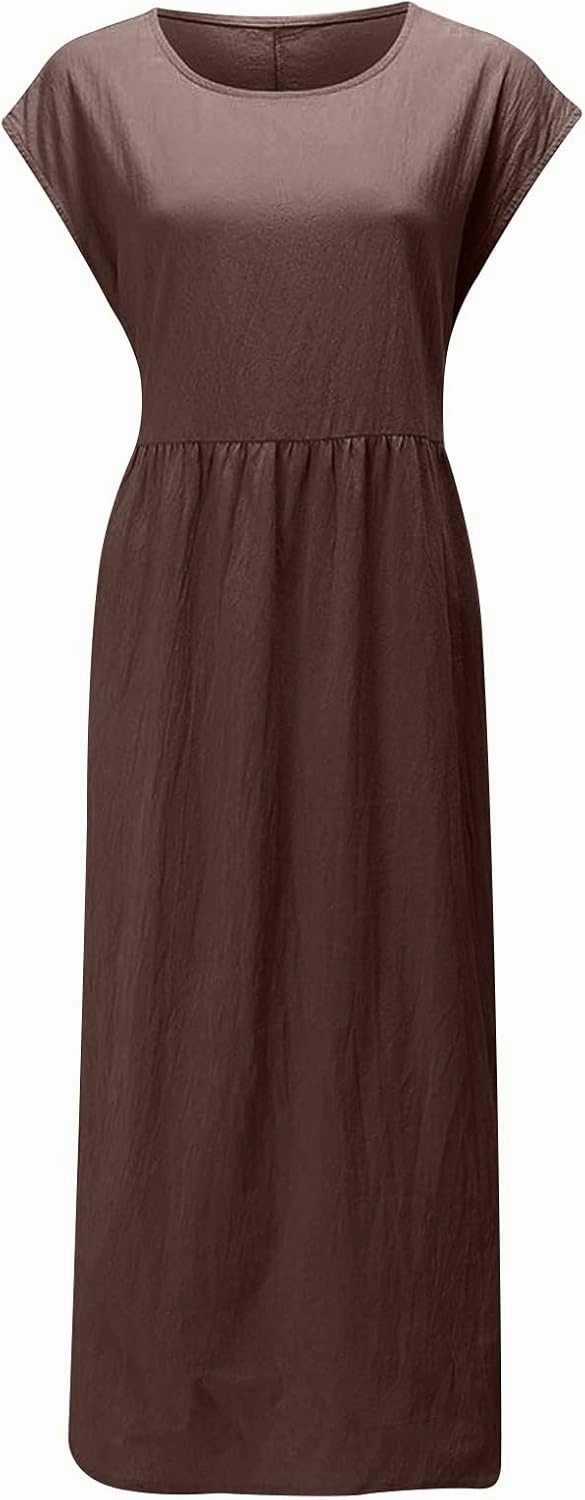 Women's Summer Cotton Linen Shirt Dress Short Sleeve Flowy Long Maxi Dresses Plus Size Vocation Party Dress