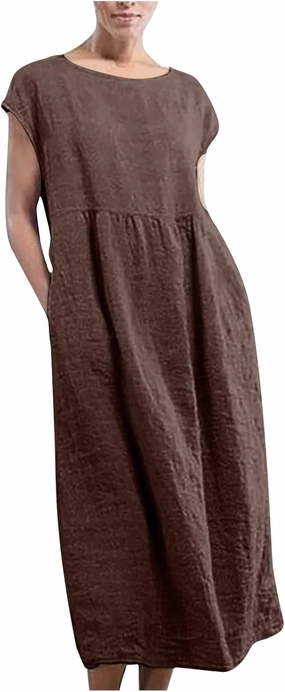 Women's Summer Cotton Linen Shirt Dress Short Sleeve Flowy Long Maxi Dresses Plus Size Vocation Party Dress