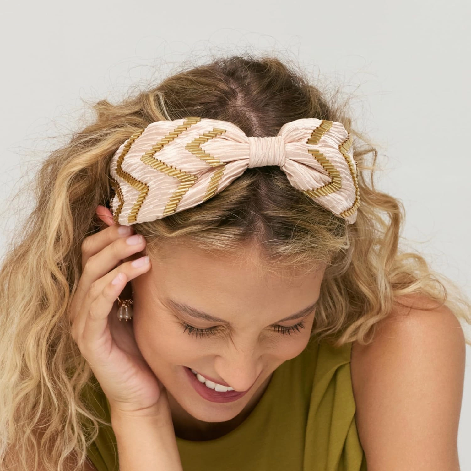 Women's Zig Zag Crinkle Satin Headband, Handmade, Pink