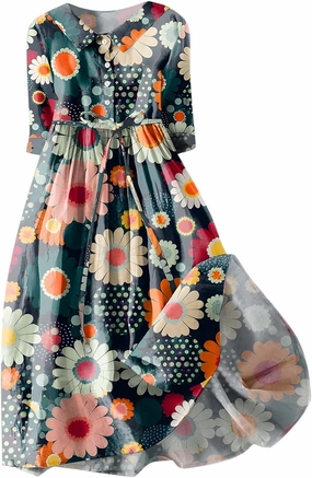Women Summer Cotton Linen Dress 3/4 Sleeve Crew Neck Loose Long Dress Double Layers Flowy Smocked Tiered Dress