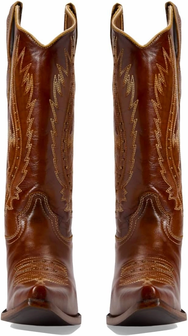 Women Vintage Embroidered Cowboy Boots Knee High Western Boots Chunky Stacked Heel Pointed Square Toe Mid Calf Cowgirl Boots Metallic Matte Pull On V Cut Fall Boot Exotic 4-11 M US