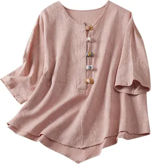 Womens 2024 Cotton Linen Tunic Tops Boho Gauze Button Down Shirt Summer Causal Blouse Loose Fit Trendy Peasant Clothes