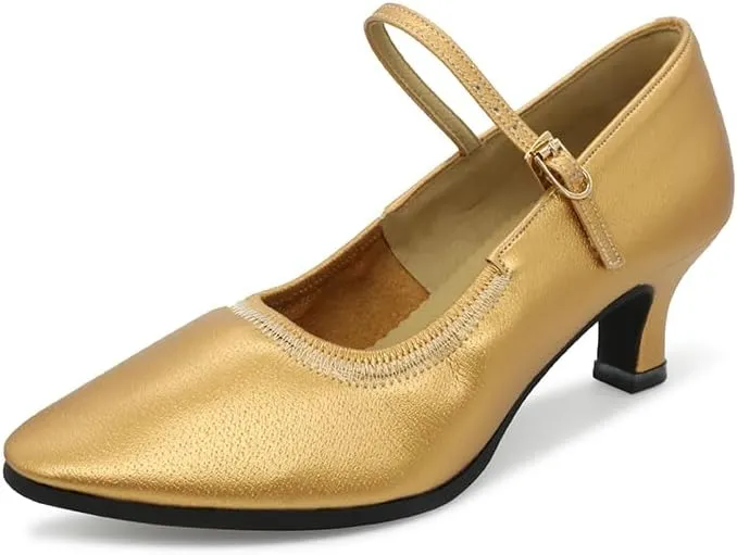 Women's Ballroom Dance Shoes Latin Jazz Wlatz Dancing Mary Jane Dance Shoes Low Kitten Heel Gold #107-3, 4.5-11